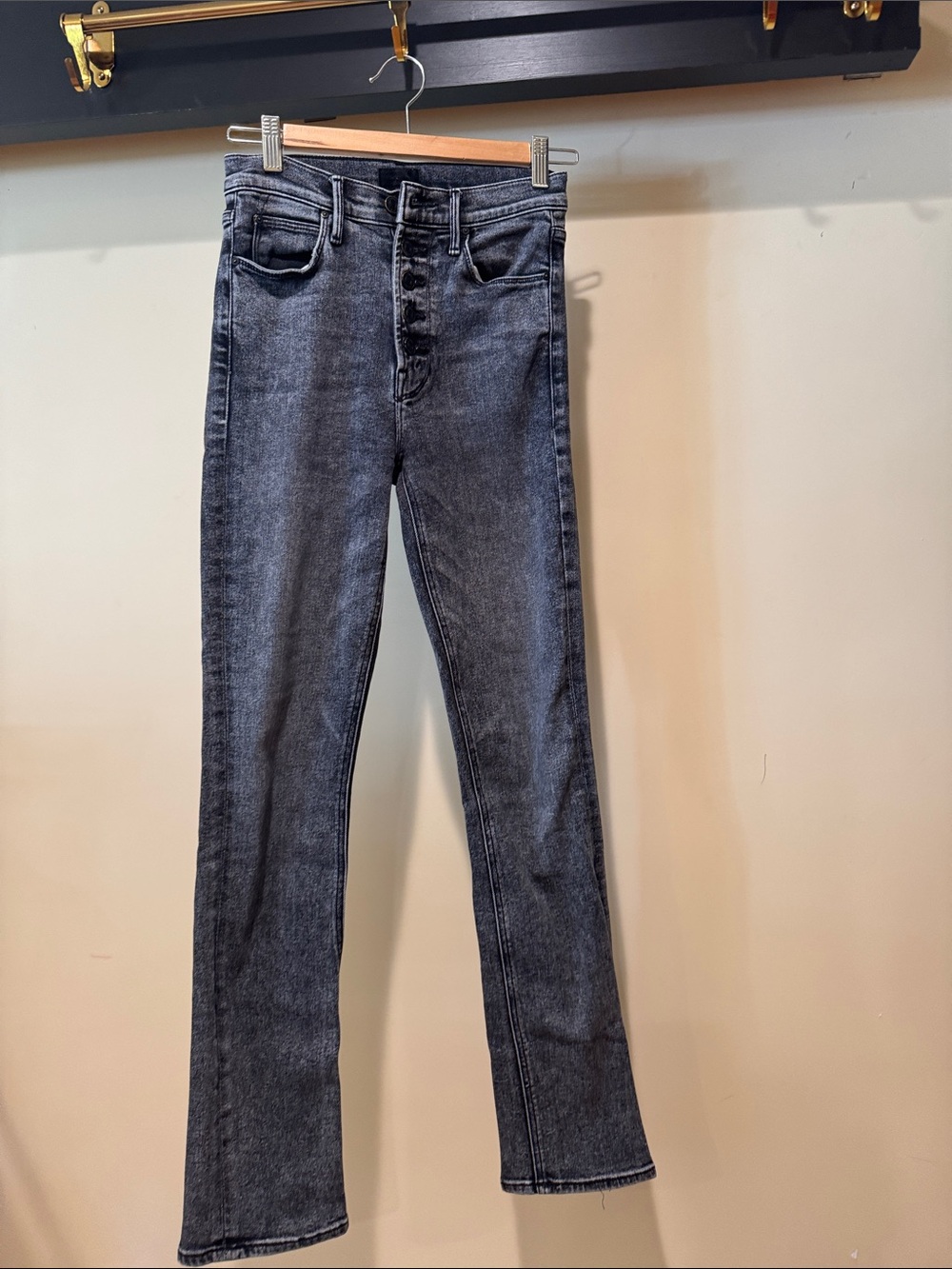 MOTHER Washed Black Denim Jeans with Leather Logo Patch